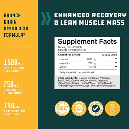Branch Chain Amino Acids Supplement - Vegan BCAA Tablets Post Workout Muscle Recovery and Muscle Growth Support - Branched Chain Amino Acids Supplement for Men and Womens Workout Recovery 120 Count