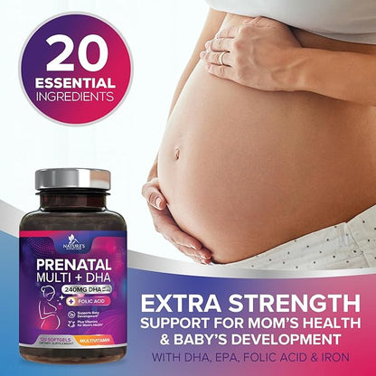 Women's Prenatal Multivitamin with Folic Acid + DHA, Prenatal Vitamin Supplement for Fetal Support w/Folate, Omega 3, Vitamins D3, B6, B12 & Iron, Pregnancy Prenatal DHA, Non-GMO - 120 Softgels