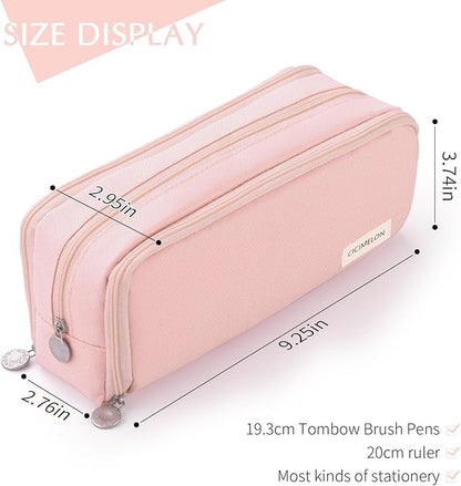 CICIMELON Large Capacity Pencil Case 3 Compartment Pouch Pen Bag for School Teen Girl Boy Men Women (Pink)
