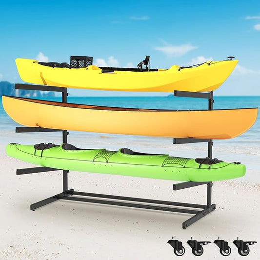 Kayak Storage Rack, Heavy Duty Adjustable Freestanding Kayak Stand with Wheels or Protection Pad for Kayaks, SUPs, Canoe and Paddleboard Kayak Rack for Indoor & Outdoor Use