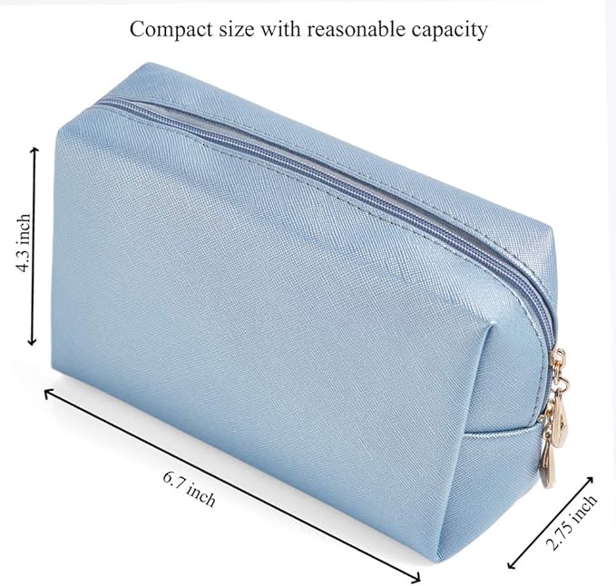 PU Leather Cosmetic Bag for Women Minimalism Makeup Bag for Daily Use Portable Storage Purse Small Neat Cosmetic Pouch Water-resistant Toiletry Bag for Travel (Light Blue)