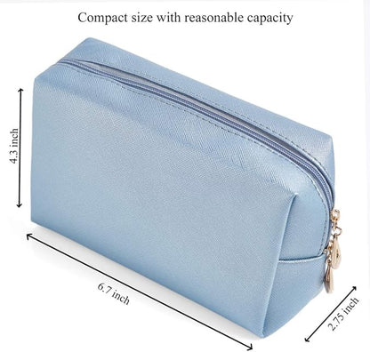PU Leather Cosmetic Bag for Women Minimalism Makeup Bag for Daily Use Portable Storage Purse Small Neat Cosmetic Pouch Water-resistant Toiletry Bag for Travel (Light Blue)