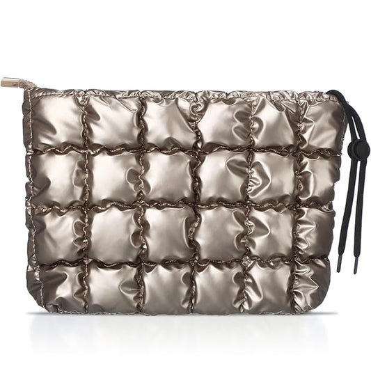 Hillban Puffy Quilted Makeup Bag Quilted Cosmetic Bag Cute Puffer Toiletry Checkered Pouch Aesthetic Travel Makeup Brushes Organizer(Champaign Gold,Classic)