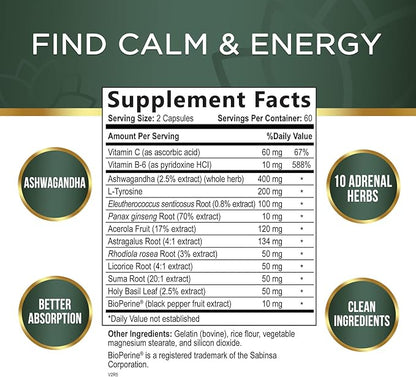Adrenal Support Supplements - Ashwagandha & 10 Adaptogenic Herbs including Rhodiola Rosea, Holy Basil – Adrenal Supplement Support for Balanced Energy, Adrenal Fatigue, Calm, Relaxation – 120 Capsules