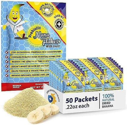Nutritional Designs Nana Flakes Anti-Diarrheal Banana Powder, IBS Relief & Heart Burn Remedy, 100% Pure Banana Flakes Medical Food - Prebiotic - Natural - High Protein & Fiber (50 Single-Serve Packs)