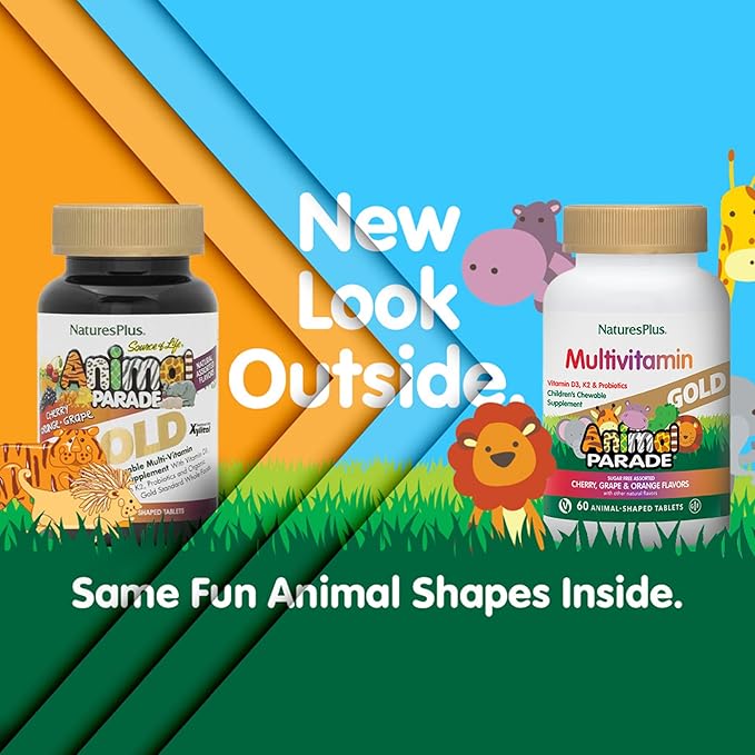 Natures Plus Animal Parade Source of Life Gold Children's Chewable Multivitamin - Assorted Cherry, Orange & Grape Flavors - 60 Chewable Tablets - Vegetarian, Gluten-Free - 30 Servings