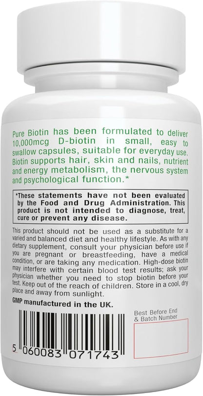Pure Biotin 10,000mcg, Extra Strength Biotin, 180 Small Easy to Swallow Capsules, Vitamin B7, Clean Label, Lab Verified, & Vegan & Hypoallergenic, No After Taste or Smell, by Igennus