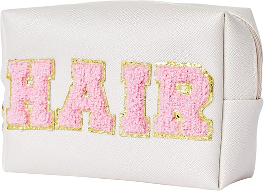 Preppy Patch Hair Portable Makeup Bag Bulk Pu Leather Cosmetic Bag Waterproof Travel Organizer Zipper Pouch Storage Purse for Women Girls Gift (Shell Gold)