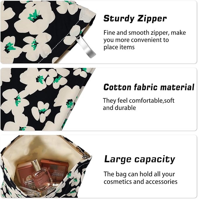Flower Makeup Bag Travel Large Cosmetic Bag for Women Cute Make up Pouch Zipper Cosmetic Pouch for Purse Cotton Aesthetic White Black Floral Makeup Organizer Bag Portable Toiletry Bag