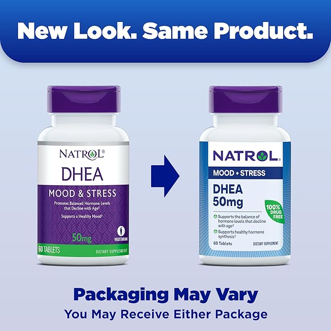 Natrol Mood & Stress DHEA 50mg With Calcium, Dietary Supplement for Balance of Certain Hormone Level and Mood Support, 60 Tablets, 60 Day Supply