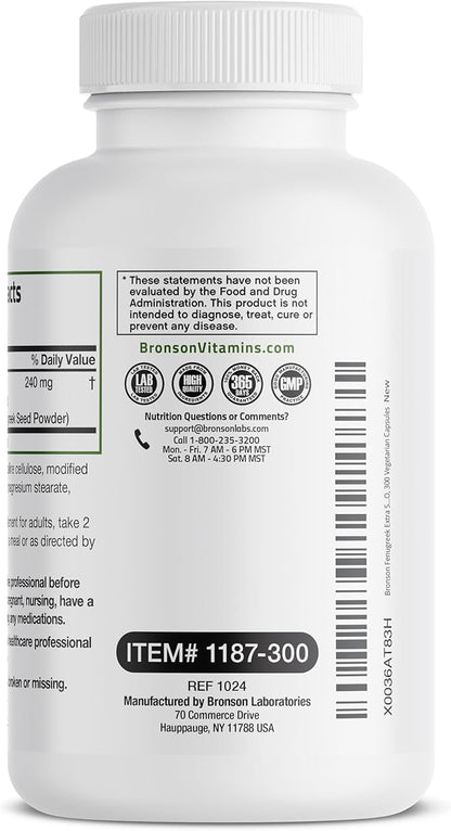 Bronson Fenugreek Seed Powder Capsules Extra Strength, Trigonella Foenum-Graecum, Non-GMO, Soy-Free, Vegetarian, 300 Capsules