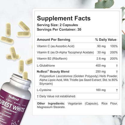 NuBest White - Glutathione 400mg & Milk Thistle Extract - Skin Brightening Supplement - Helps Beautiful and Radiant Skin - Antioxidant Supplement & Detoxification - 12 Pack | 12 Months Supply