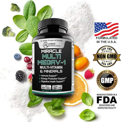 MEGAV-1 Multi-Vitamin, Superfood & Minerals - Daily Multivitamin with Probiotics, Digestive Enzyme, Mushroom Complex for Heart Health, Immune Support, Energy & Stamina - 90 Tablets