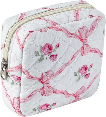 Small Quilted Cotton Makeup Bag for Purse, Cosmetic Bag with Compartments, Cotton Aesthetic Makeup Bag, Travel Toiletry Pouch, Key Pocket Lipstick Bag Card Holder Data Cable Organizer (04Pink Bow)