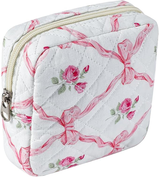 Small Quilted Cotton Makeup Bag for Purse, Cosmetic Bag with Compartments, Cotton Aesthetic Makeup Bag, Travel Toiletry Pouch, Key Pocket Lipstick Bag Card Holder Data Cable Organizer (04Pink Bow)