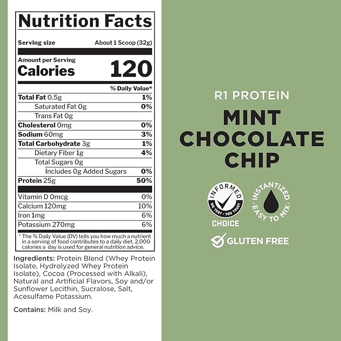Rule One Proteins R1 Protein - 25g Fast-Acting, Super-Pure 100% Isolate and Hydrolysate Protein Powder with 6g BCAAs (5 Pounds*, Mint Chocolate Chip)