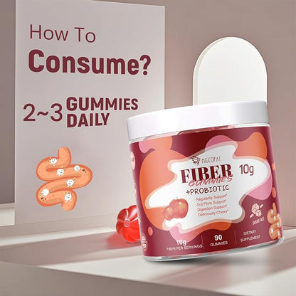 Fiber Gummies with Probiotics,10G Fiber per Serving No Sugar Added Apple Flavor, Fiber with 10 Billion CFU Probiotics Blend, Apple Cider Vinegar, Vitamin C, Inulin, Bloating Support 90 Count