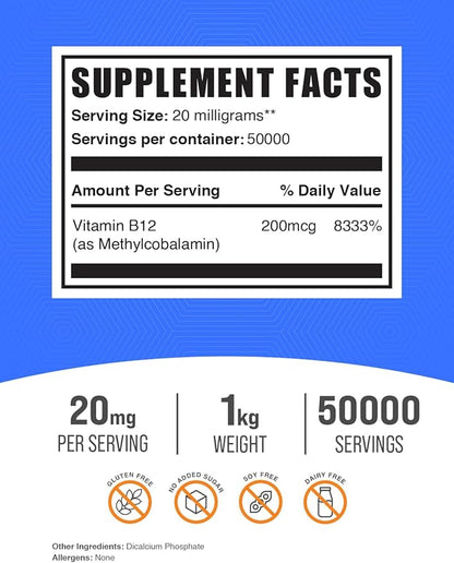 BulkSupplements.com Vitamin B12 Methylcobalamin Powder - 1% B12 Methylcobalamin, Essential B Vitamin - B12 Supplement, Gluten Free, 20mg per Serving, 1kg (2.2 lbs) (Pack of 1)