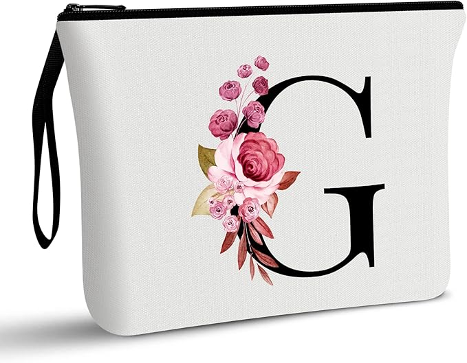 Vavabox A-Z Personalized Makeup Bag, Birthday Gifts for Women Mom, Gifts for Best Friend, Bride Bridesmaid Cosmetic bag (G, White)
