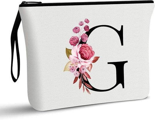 Vavabox A-Z Personalized Makeup Bag, Birthday Gifts for Women Mom, Gifts for Best Friend, Bride Bridesmaid Cosmetic bag (G, White)