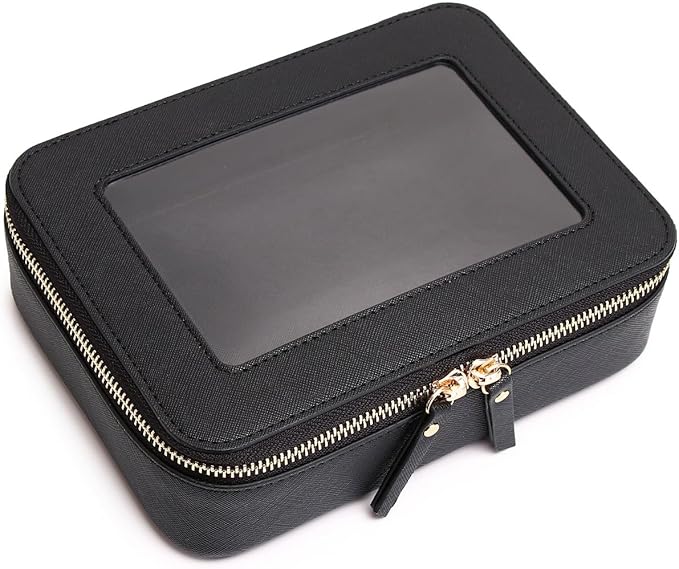 Clear Makeup Bag Transparent Travel Case for Cosmetics and Toiletries Women's Brush Bag and Clear Car Bag with Zipper (Black, M+)