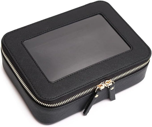 Clear Makeup Bag Transparent Travel Case for Cosmetics and Toiletries Women's Brush Bag and Clear Car Bag with Zipper (Black, M+)
