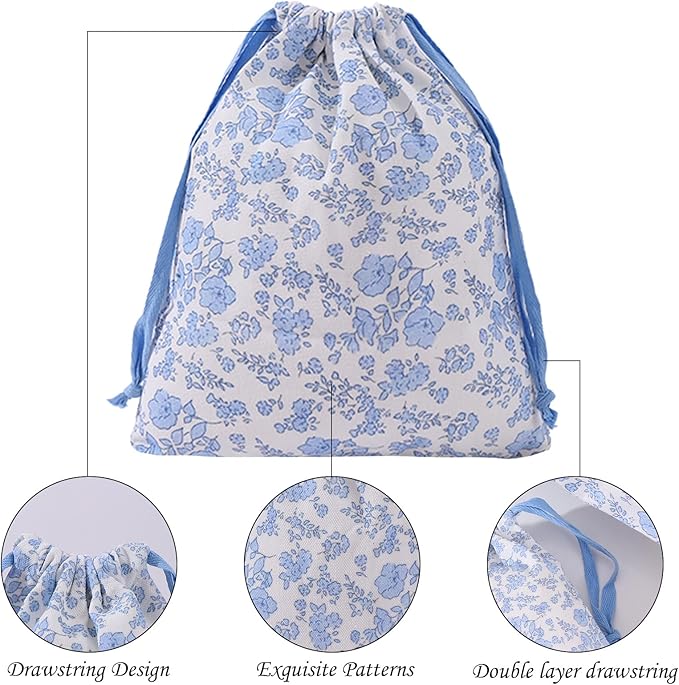 LYDZTION 4pcs Floral Drawstring Makeup Bags Pouches For Purse, Small Canvas Cloth Gift Bags Pouch For Cosmetics Jewerlry Home Travel Storage,Blue