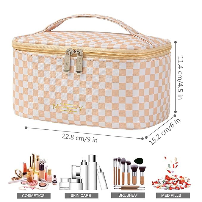 KITENROM Preppy Makeup Bag Travel Cosmetic Bags for Women Girls Multi-color Checkered Plaid Small Pouch Toiletry Bag Organizer Case Waterproof Case (Pink Checkerboard)