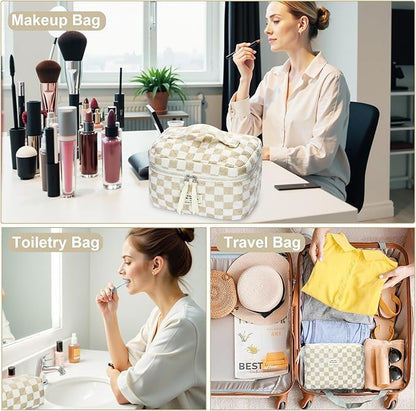 Quilted Makeup Bag Set, 3Pcs Large Checkered Corduroy Cosmetic Bags, Cute Coquette Makeup Bag Toiletry Zipper Pouch Bag for Women and Girls Checkered
