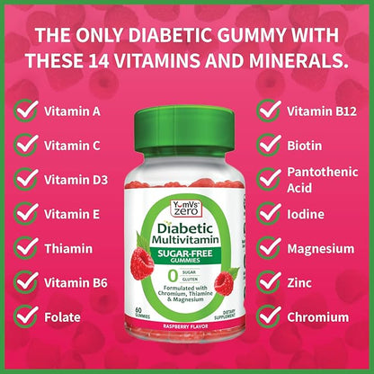 YUM-V'S YumVs Multivitamin Gummies | Sugar Free Supplement Vitamins for Women & Men | Chromium, Thiamine and Magnesium | Natural Raspberry Flavor Chewables - 60 Count