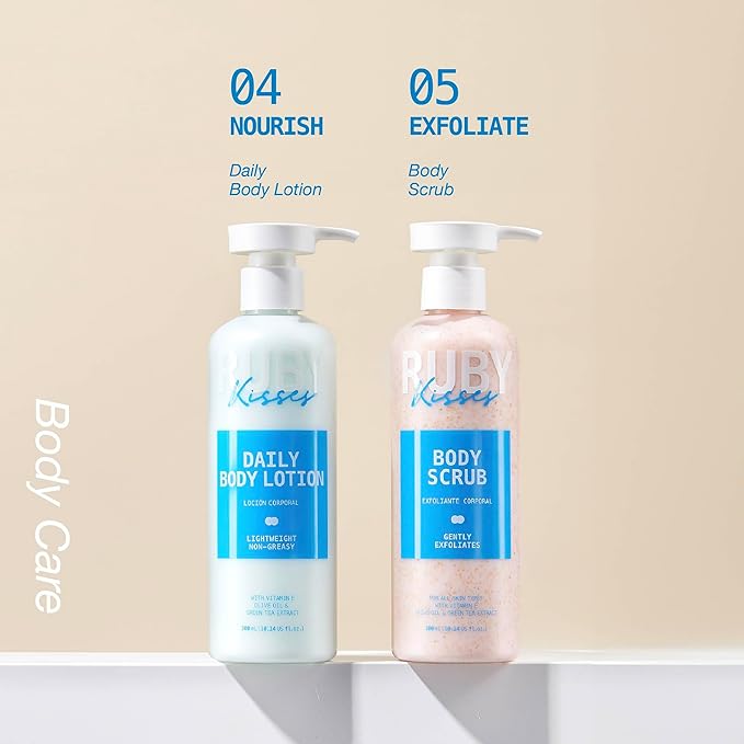 Ruby Kisses Complete Hydration Skincare Set, Face & Body Essentials, Includes Daily Foaming Cleanser, Balancing Mist Toner, Daily Body Lotion, Gentle Body Scrub, Korean Skincare