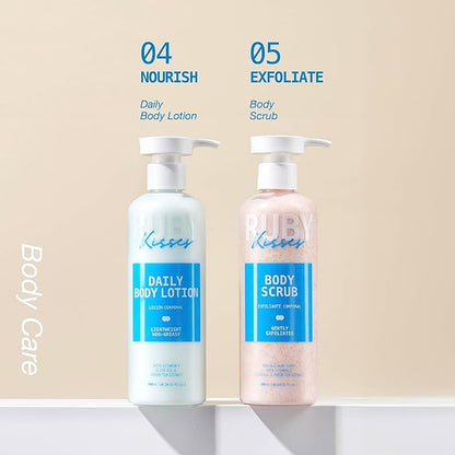 Ruby Kisses Complete Hydration Skincare Set, Face & Body Essentials, Includes Daily Foaming Cleanser, Balancing Mist Toner, Daily Body Lotion, Gentle Body Scrub, Korean Skincare