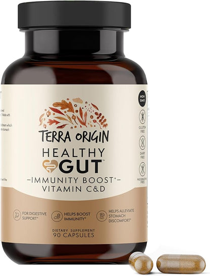 TERRA ORIGIN Healthy Gut Capsules with Immunity Boost | 90 Capsules | Digestive Support Including intestinal Permeability, IBS, Bloating, Gas and Constipation* 30 Servings/90 Capsules.