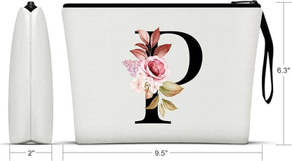 Vavabox A-Z Personalized Makeup Bag, Birthday Gifts for Women Mom, Gifts for Best Friend, Bride Bridesmaid Cosmetic bag (P, White)