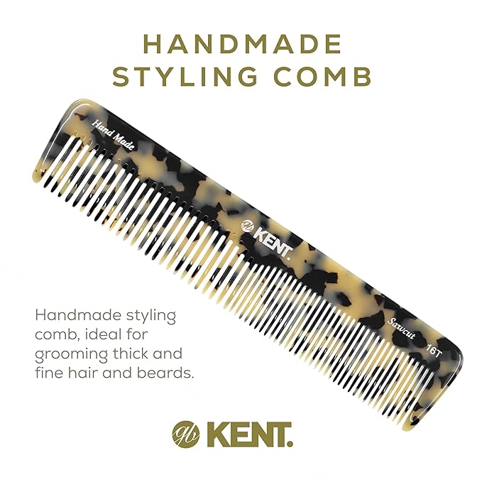 Kent 16T TW Fine Tooth and Wide Tooth Comb for Daily Grooming, Handmade Styling Comb for All Hair Types, Styling and Detangling Combs for Men and Women