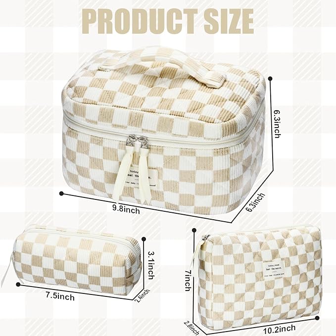 Quilted Makeup Bag Set, 3Pcs Large Checkered Corduroy Cosmetic Bags, Cute Coquette Makeup Bag Toiletry Zipper Pouch Bag for Women and Girls Checkered