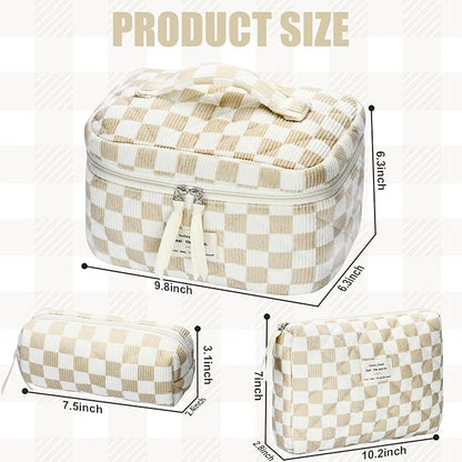 Quilted Makeup Bag Set, 3Pcs Large Checkered Corduroy Cosmetic Bags, Cute Coquette Makeup Bag Toiletry Zipper Pouch Bag for Women and Girls Checkered
