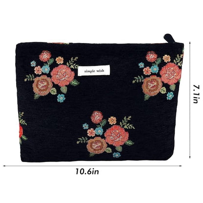 ZLFSRQ Makeup Bag Travel Cute Black Vintage Flower Floral Cosmetic Bags for Women Large Embroidery Toiletry Pouch Zipper Cosmetic Pouch for Purse Aesthetic Makeup Organizer Bag Portable Toiletry Bags