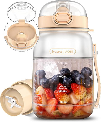 kawu Portable Blender, Portable Smoothie Blender On the Go, No-BPA, Portable Blenders for Shakes and Smoothies Leakproof-Lid and Sip Spout, USB-C Rechargeable, Recipes, with Handle/Strap, White