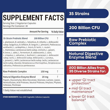 Probiotic for Men & Women, 200 Billion CFU 35 Strains, Prebiotics + Digestive Enzymes, Supreme Restore Probiotic Supplement, Upper, Mid, Lower GI Tract Balance, 60 Veggie Capsules, 1 Month