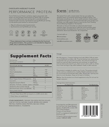 Form Performance Protein - Vegan Protein Powder - 30g of Plant Based Protein per Serving, with BCAAs and Digestive Enzymes. Perfect Post Workout. Tastes Great with Just Water! (Chocolate Hazelnut)