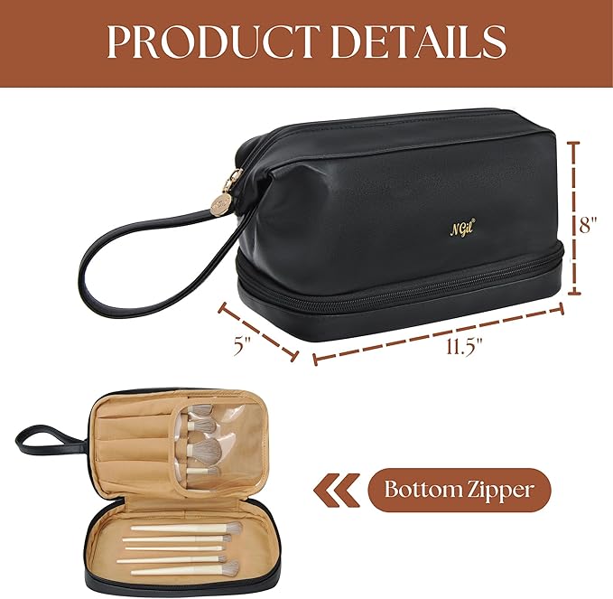 NGIL Faux Leather Cosmetic Bag for Women, Makeup Bag Organizer, Makeup Brush Storage, Portable Travel Bag for Toiletries (Solid, Black, Medium)