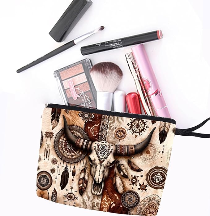 Western Cow Skull Makeup Bag Country Stuff Western Gifts for Women Female Country Girls Friend BFF Cowgirl Gifts Cosmetic Bag Zipper Pouch Western Stuff Travel Bag Graduation Birthday Gifts