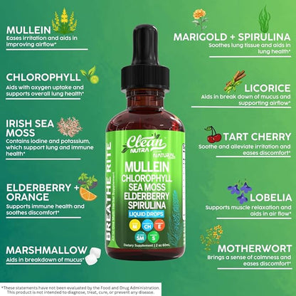 Organic Mullein Liquid Drops With Chlorophyll for Lung Detox Plus Irish Sea Moss, Spirulina, Licorice, Tart Cherry, Lobelia, Motherwort, And Elderberry For Men Women Health Supplement Vitamin