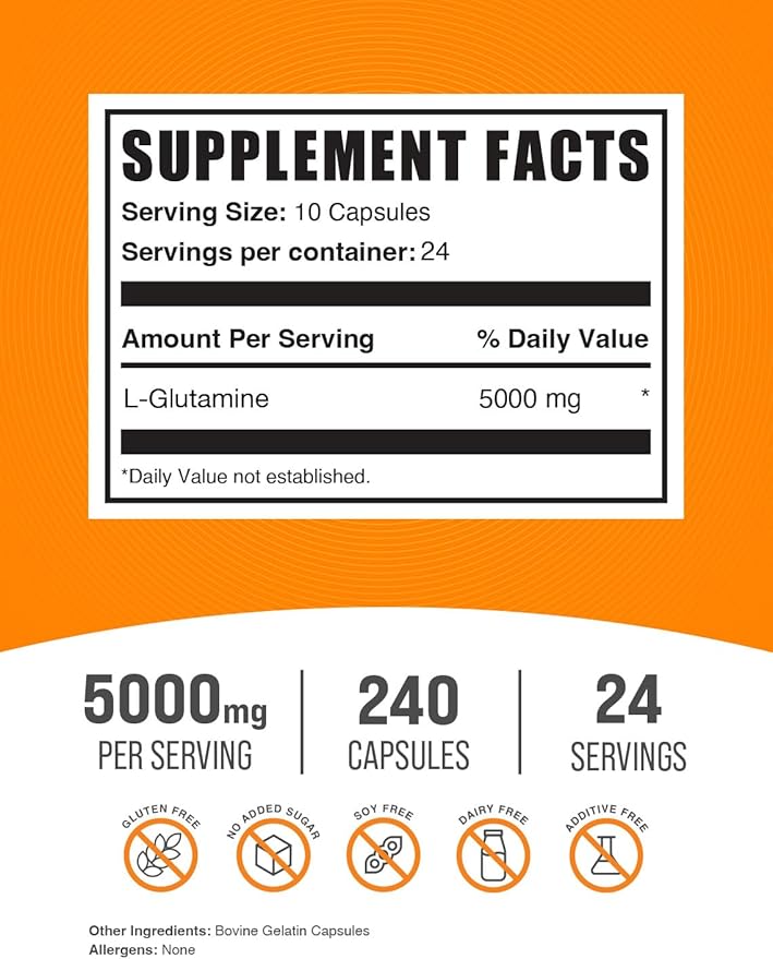 BulkSupplements.com L-Glutamine Capsules - Glutamine Supplement, L Glutamine 5000mg, L Glutamine Pills - Gut Health, Gluten Free, 10 Capsules per Serving, 240 Capsules (Pack of 1)