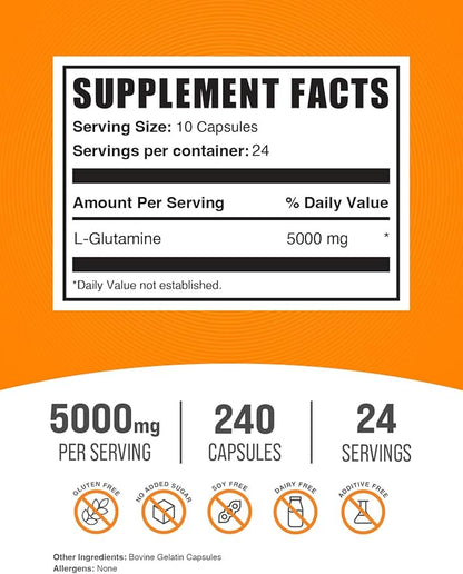 BulkSupplements.com L-Glutamine Capsules - Glutamine Supplement, L Glutamine 5000mg, L Glutamine Pills - Gut Health, Gluten Free, 10 Capsules per Serving, 240 Capsules (Pack of 1)