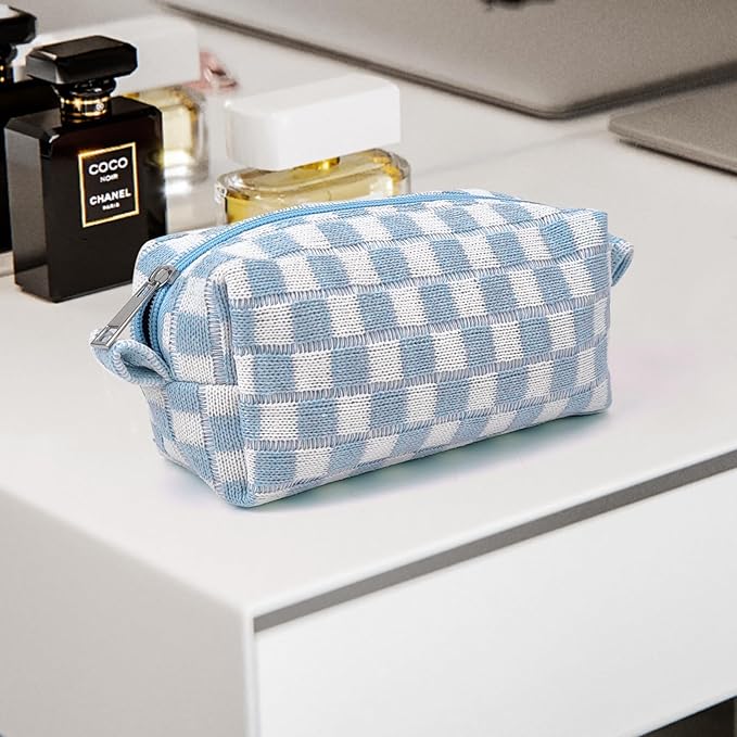 Small Cute Checkered Makeup Bag - Portable Cosmetic Pouch with Zipper, Travel Toiletry Bag, Purse Organizer, Beauty Storage, Blue