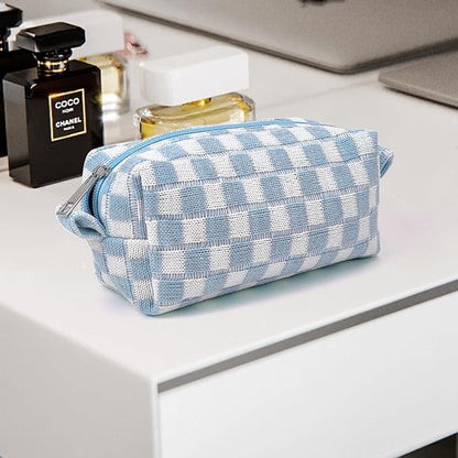 Small Cute Checkered Makeup Bag - Portable Cosmetic Pouch with Zipper, Travel Toiletry Bag, Purse Organizer, Beauty Storage, Blue