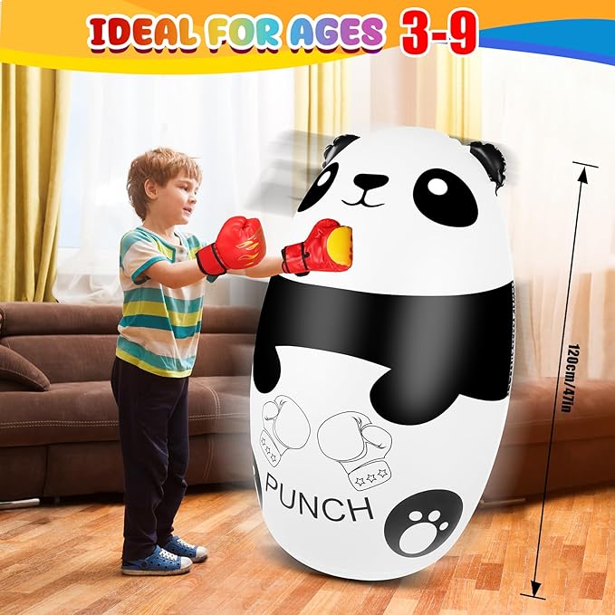 Punching Bag for Kids with Boxing Gloves - 120cm Light Up Panda Kids Punching Bag Inflatable Stress Relief Toy for 3-9 Year Olds - BPA-Free (3xAAA Batteries Not Included)