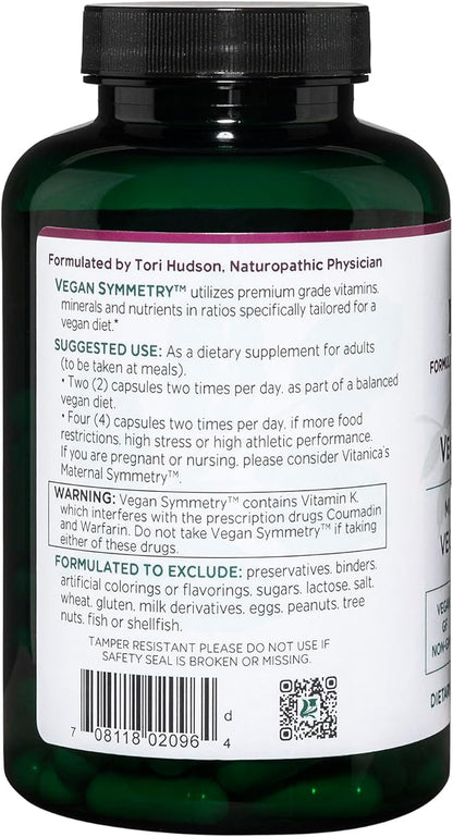 Vitanica Vegan Symmetry, Non-GMO Vegan Multivitamin for Women, Iron Free, Gluten Free, 120 Capsules